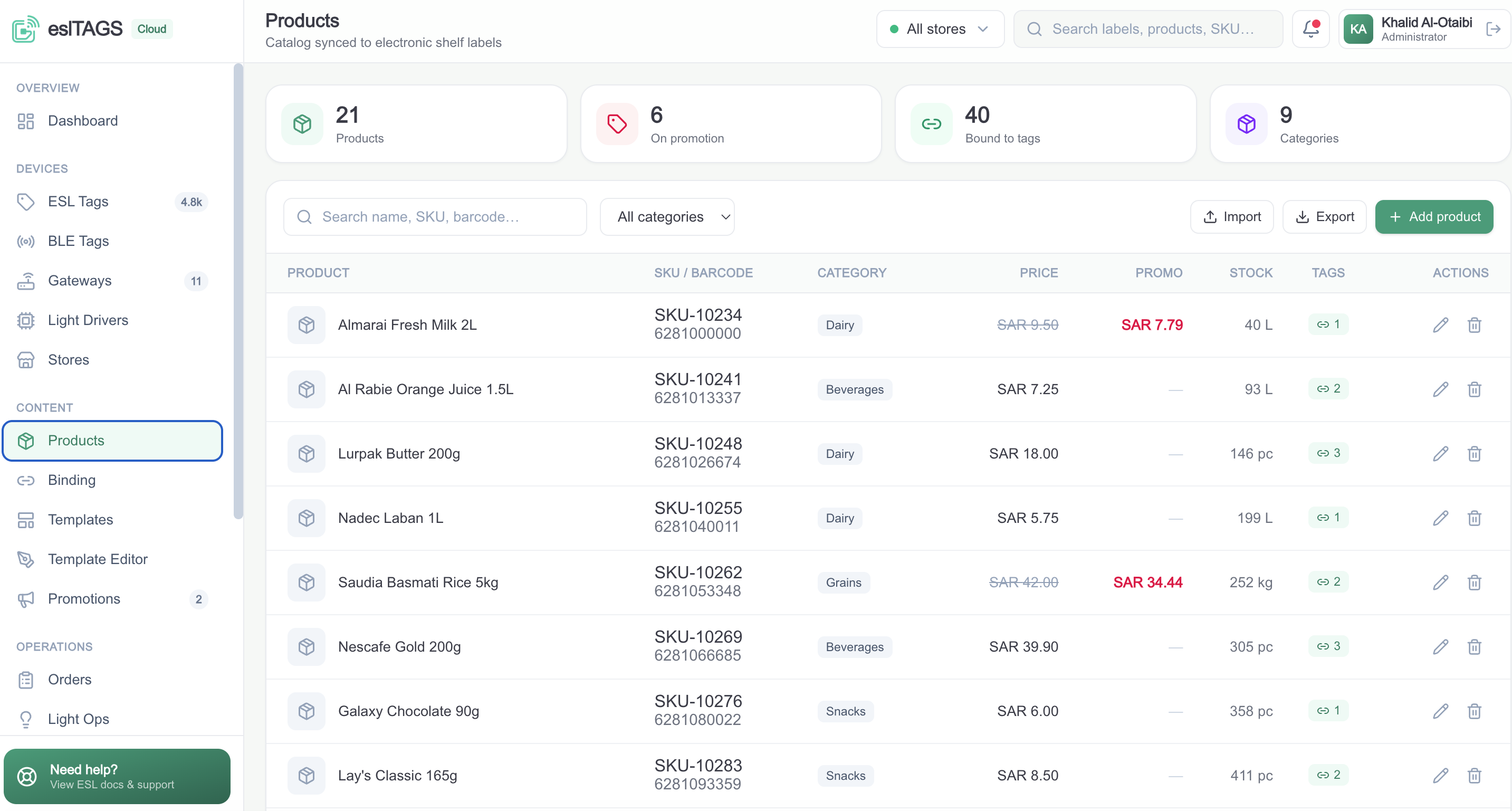 eslTAGS product catalog with pricing, promotions, stock and category management